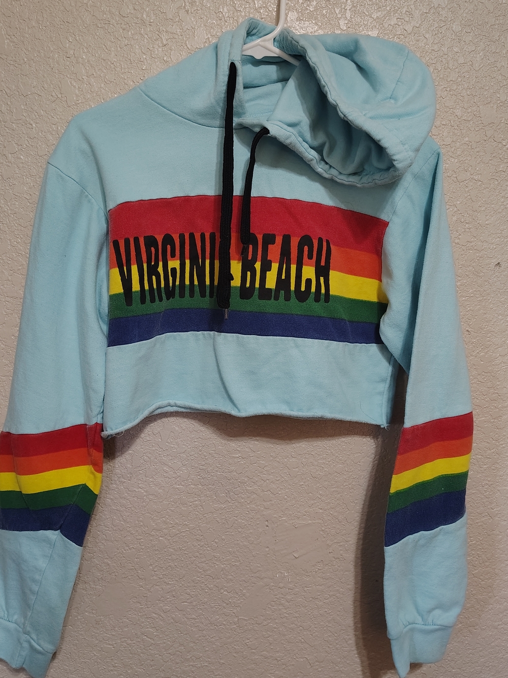 Virginia Beach Rainbow Stripe Cropped Hoodie - Light Blue